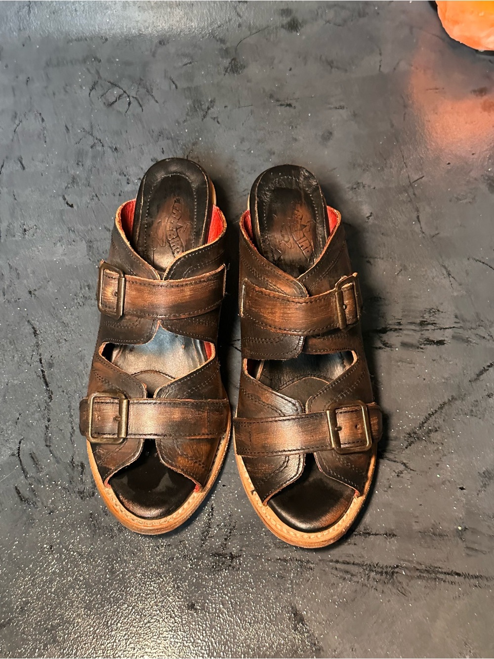 freebird Brown Leather Double Buckle Slide Sandals